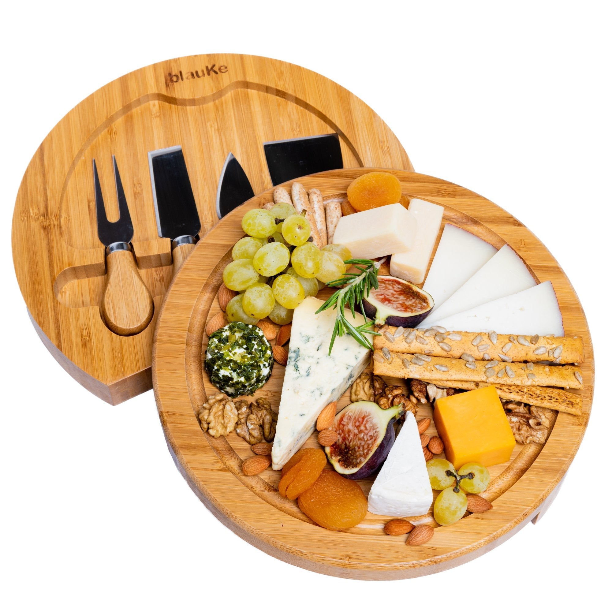 Swiveling Bamboo Cheese Board & Knife Set – 10" Round Charcuterie Board with Hidden Drawer