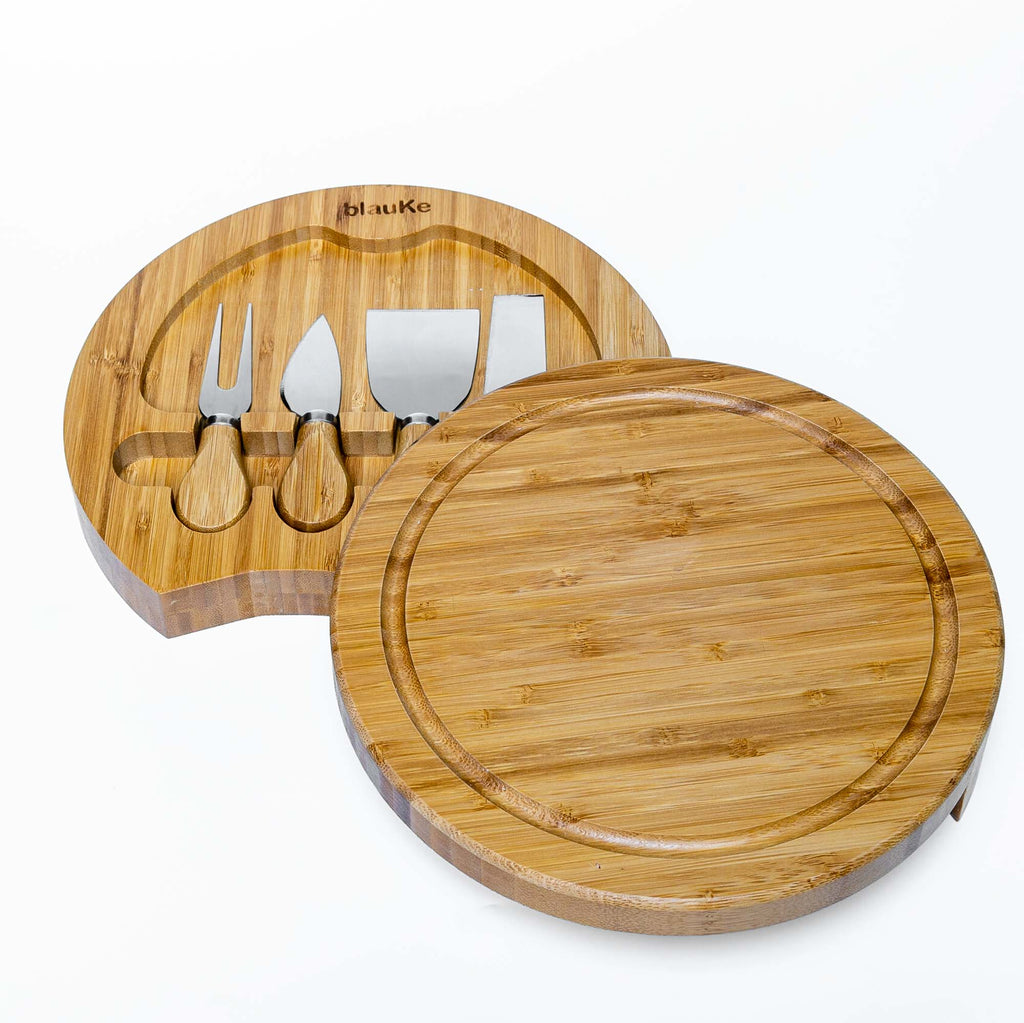 Swiveling Bamboo Cheese Board & Knife Set – 10" Round Charcuterie Board with Hidden Drawer
