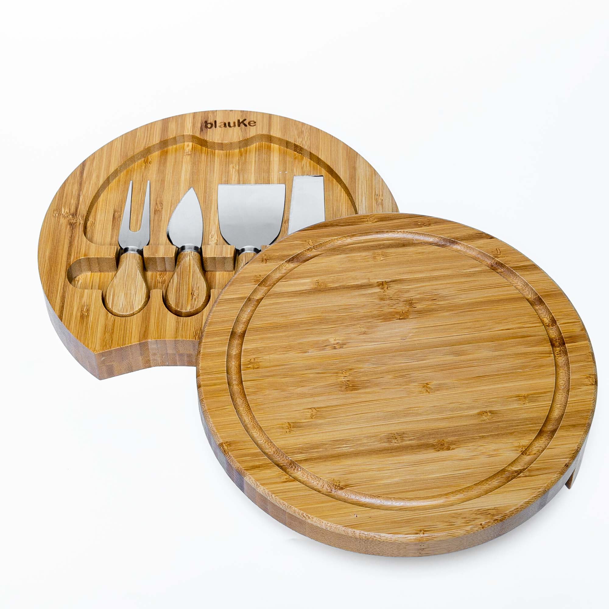 Swiveling Bamboo Cheese Board & Knife Set – 10" Round Charcuterie Board with Hidden Drawer