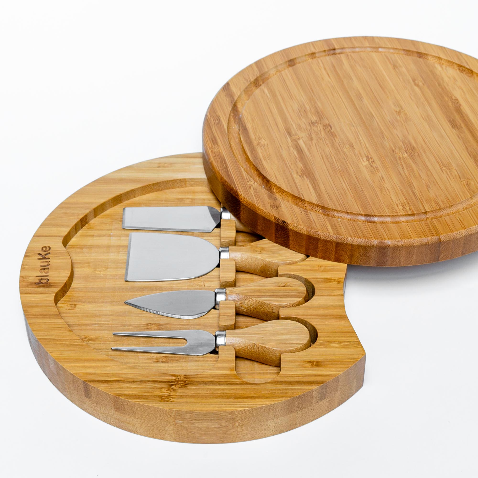 Swiveling Bamboo Cheese Board & Knife Set – 10" Round Charcuterie Board with Hidden Drawer