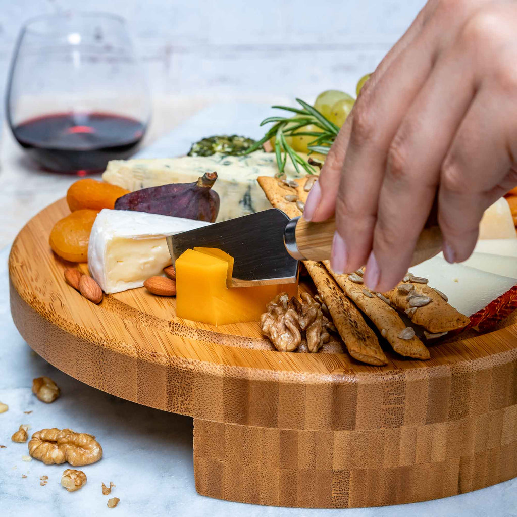 Swiveling Bamboo Cheese Board & Knife Set – 10" Round Charcuterie Board with Hidden Drawer