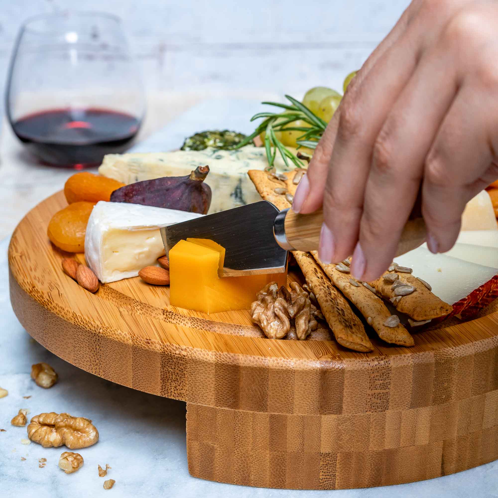 Swiveling Bamboo Cheese Board & Knife Set – 10" Round Charcuterie Board with Hidden Drawer