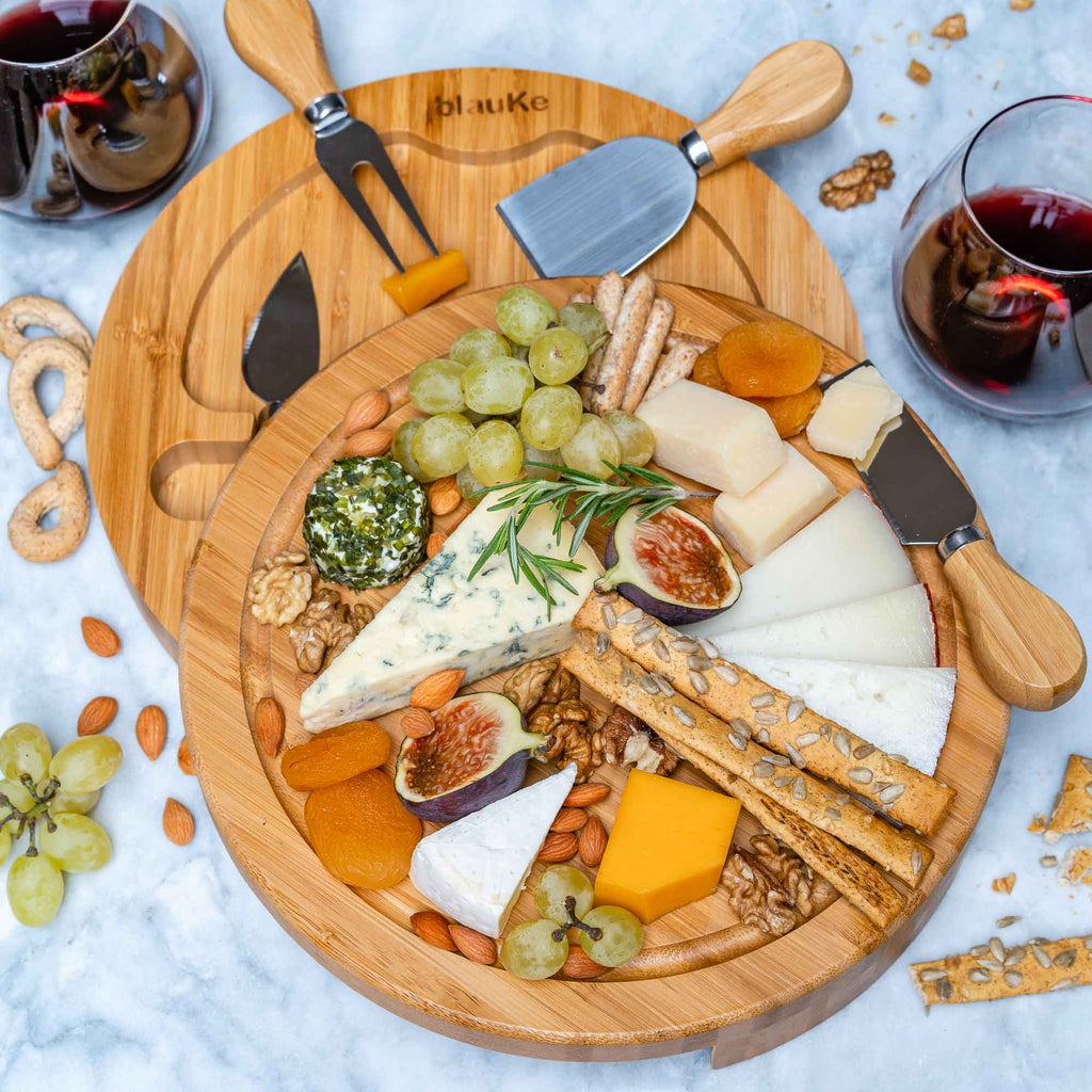 Swiveling Bamboo Cheese Board & Knife Set – 10" Round Charcuterie Board with Hidden Drawer