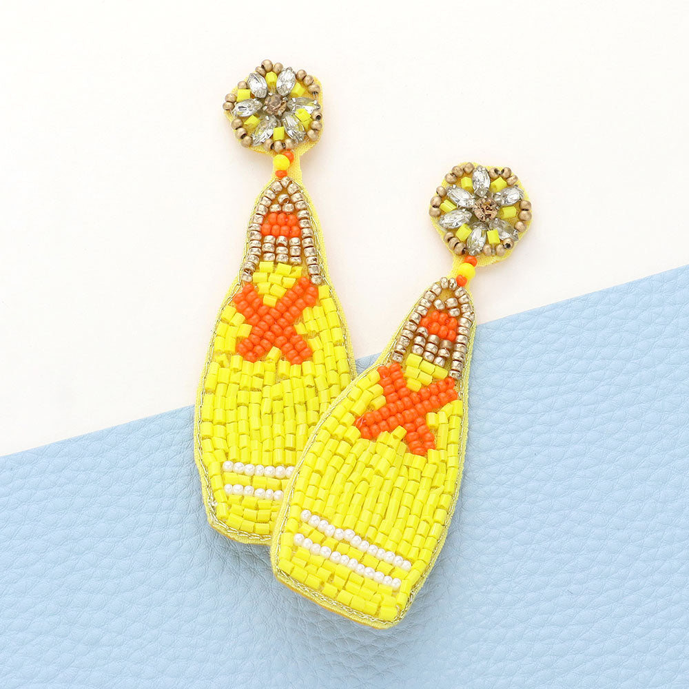 Beaded Champagne Dangle Earrings — Felt Back | Pink, Yellow, Red, White & Orange