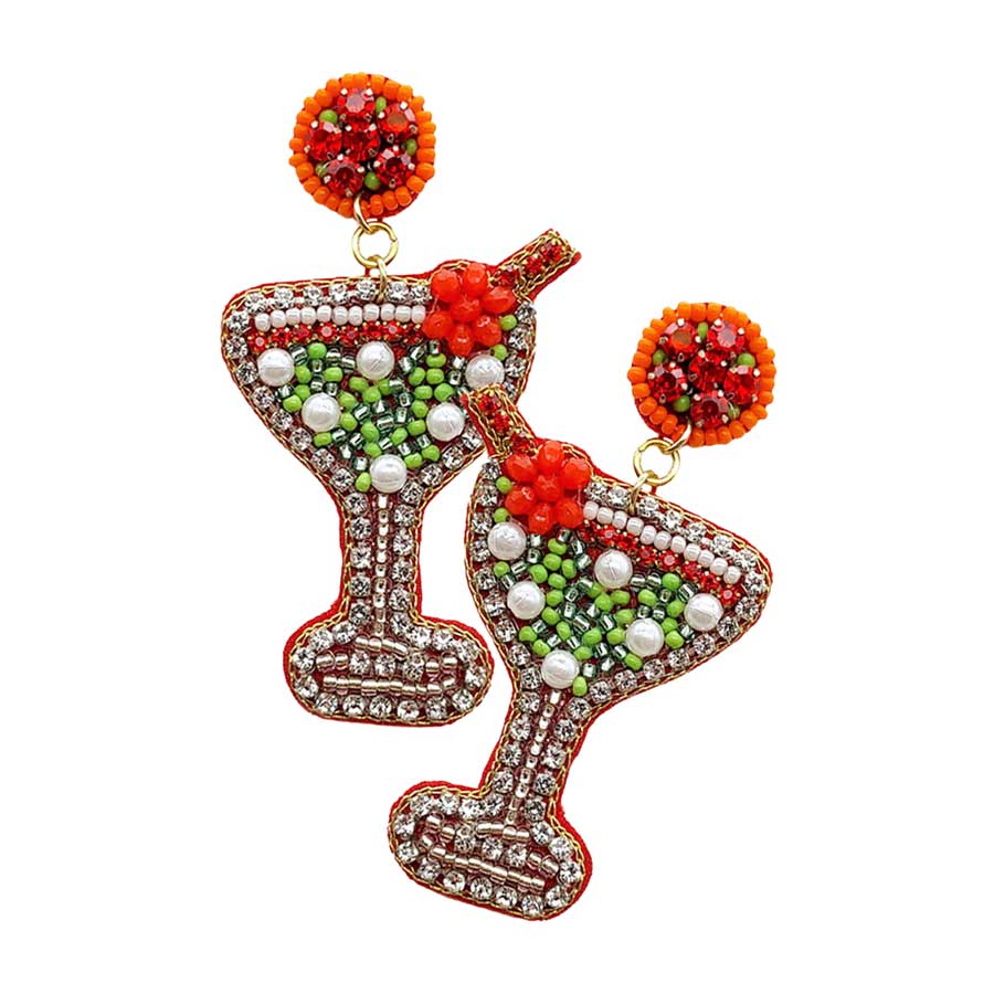 Martini Glass Beaded & Rhinestone Dangle Earrings