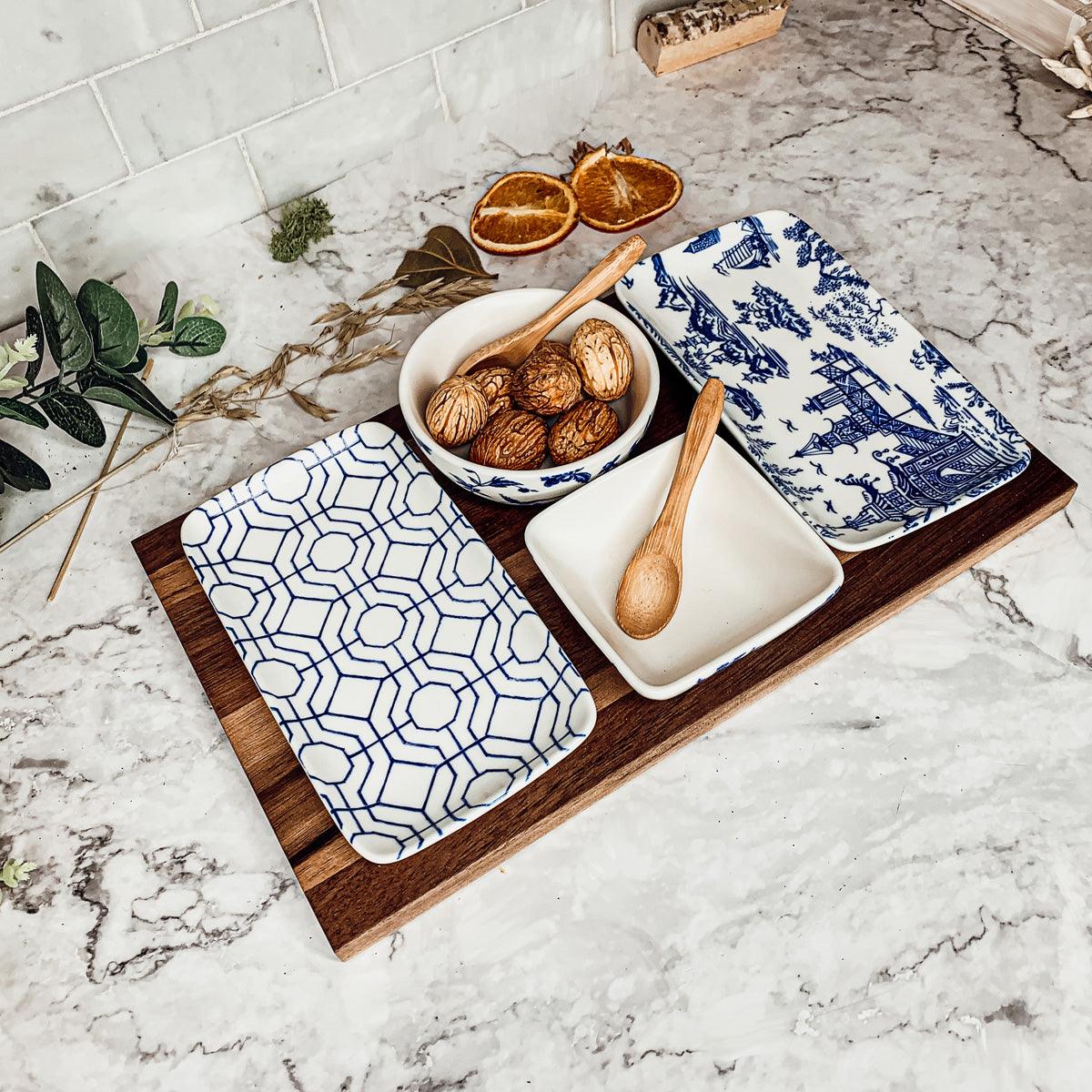 Chinoiserie Tapas Serving Set - 7-Piece Blue and White Porcelain with Acacia Wood Tray