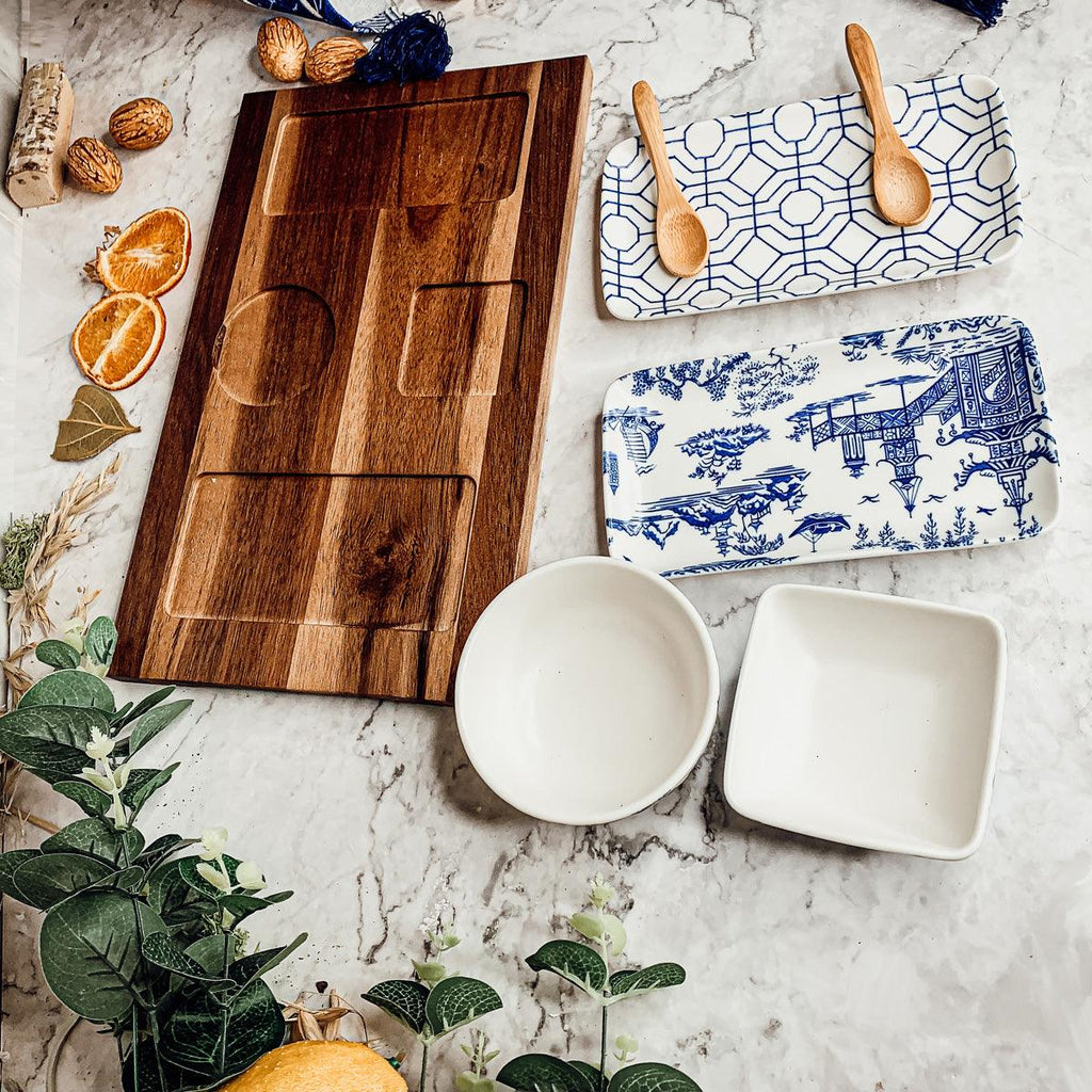 Chinoiserie Tapas Serving Set - 7-Piece Blue and White Porcelain with Acacia Wood Tray