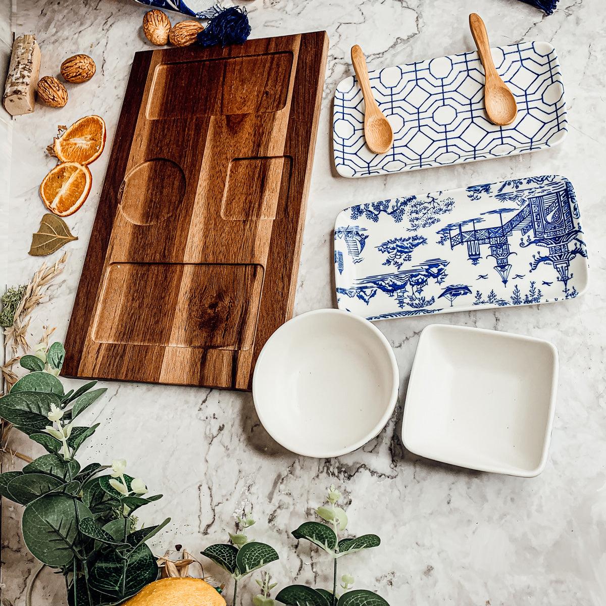 Chinoiserie Tapas Serving Set - 7-Piece Blue and White Porcelain with Acacia Wood Tray