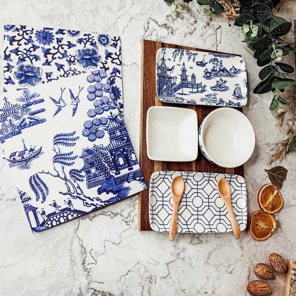 Chinoiserie Tapas Serving Set - 7-Piece Blue and White Porcelain with Acacia Wood Tray