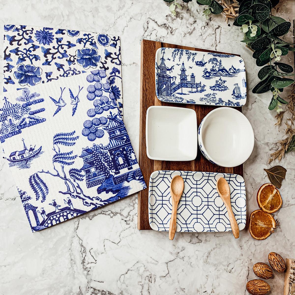 Chinoiserie Tapas Serving Set - 7-Piece Blue and White Porcelain with Acacia Wood Tray