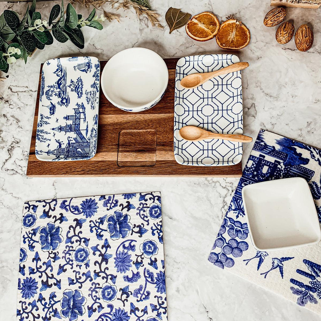 Chinoiserie Tapas Serving Set - 7-Piece Blue and White Porcelain with Acacia Wood Tray