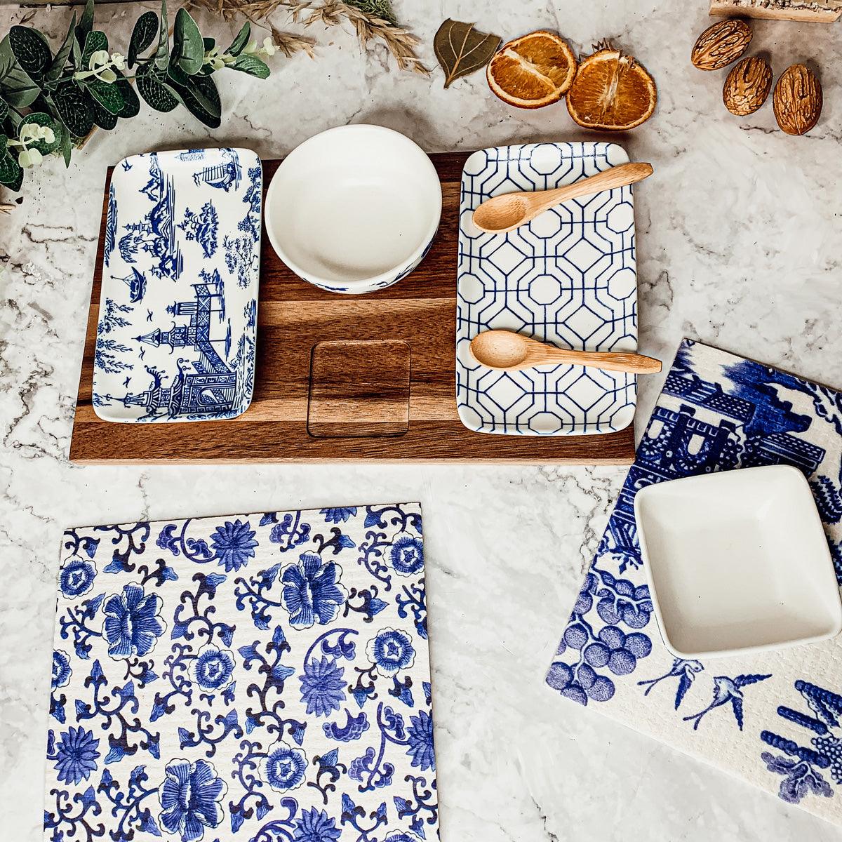 Chinoiserie Tapas Serving Set - 7-Piece Blue and White Porcelain with Acacia Wood Tray