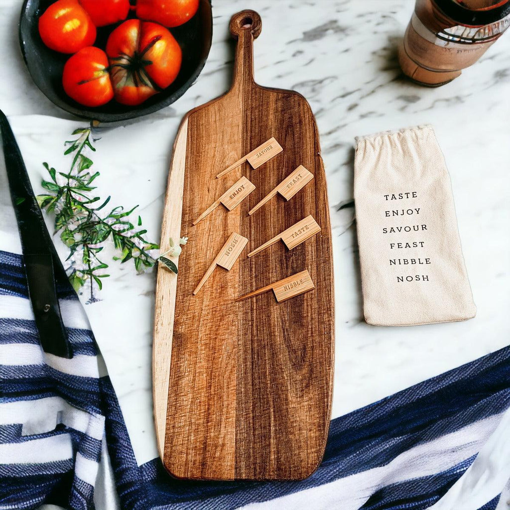 Acacia Wood Serving Board with 6 Bamboo Cheese Markers - 23" | Handmade | Gia Roma
