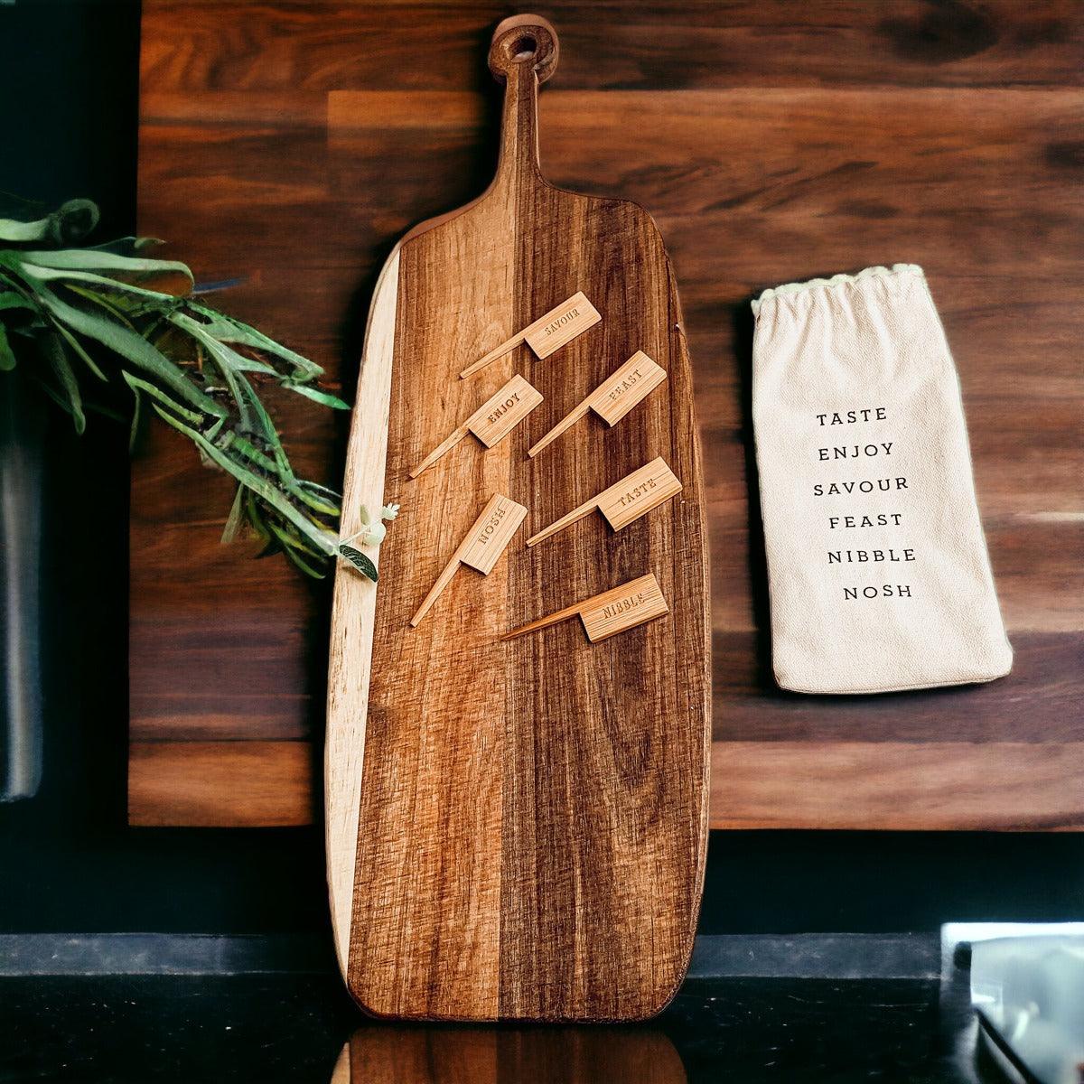 Acacia Wood Serving Board with 6 Bamboo Cheese Markers - 23" | Handmade | Gia Roma