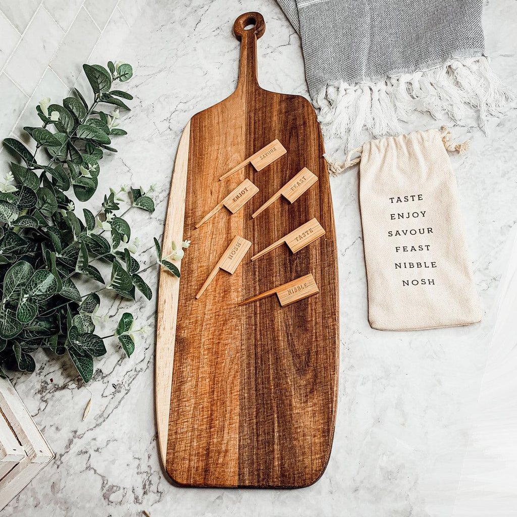 Acacia Wood Serving Board with 6 Bamboo Cheese Markers - 23" | Handmade | Gia Roma