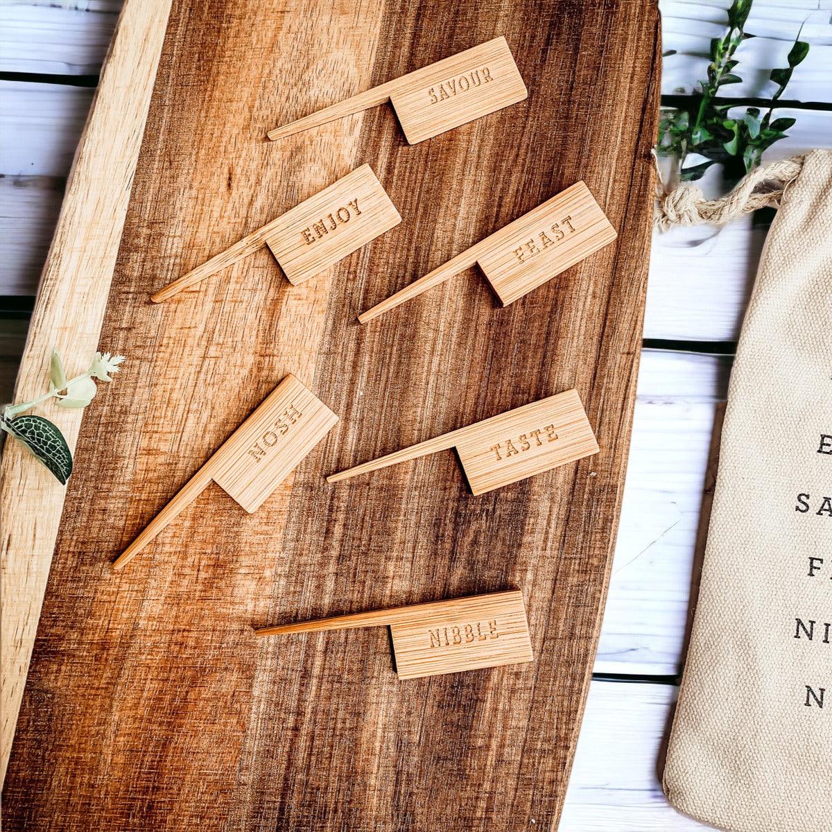 Acacia Wood Serving Board with 6 Bamboo Cheese Markers - 23" | Handmade | Gia Roma