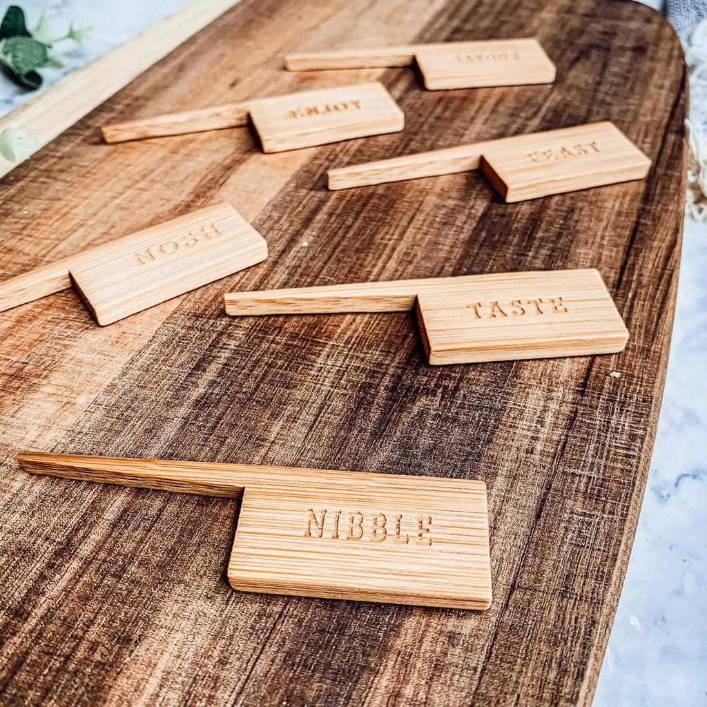 Acacia Wood Serving Board with 6 Bamboo Cheese Markers - 23" | Handmade | Gia Roma
