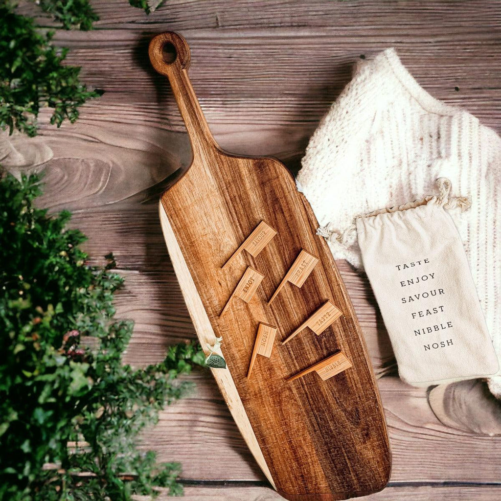 Acacia Wood Serving Board with 6 Bamboo Cheese Markers - 23" | Handmade | Gia Roma