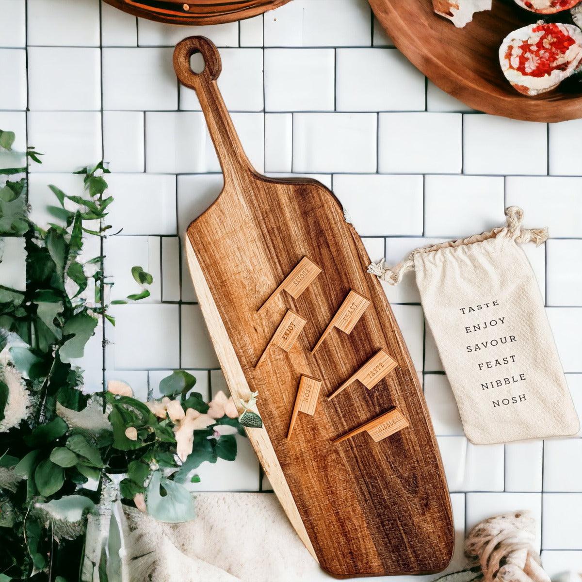 Acacia Wood Serving Board with 6 Bamboo Cheese Markers - 23" | Handmade | Gia Roma
