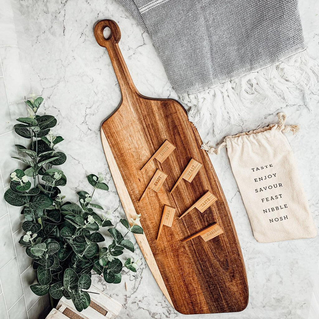 Acacia Wood Serving Board with 6 Bamboo Cheese Markers - 23" | Handmade | Gia Roma
