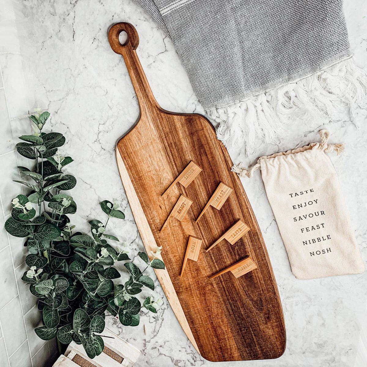 Acacia Wood Serving Board with 6 Bamboo Cheese Markers - 23" | Handmade | Gia Roma