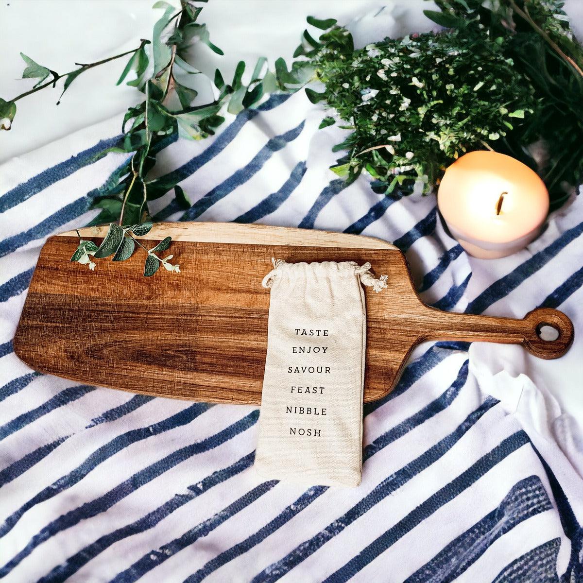 Acacia Wood Serving Board with 6 Bamboo Cheese Markers - 23" | Handmade | Gia Roma