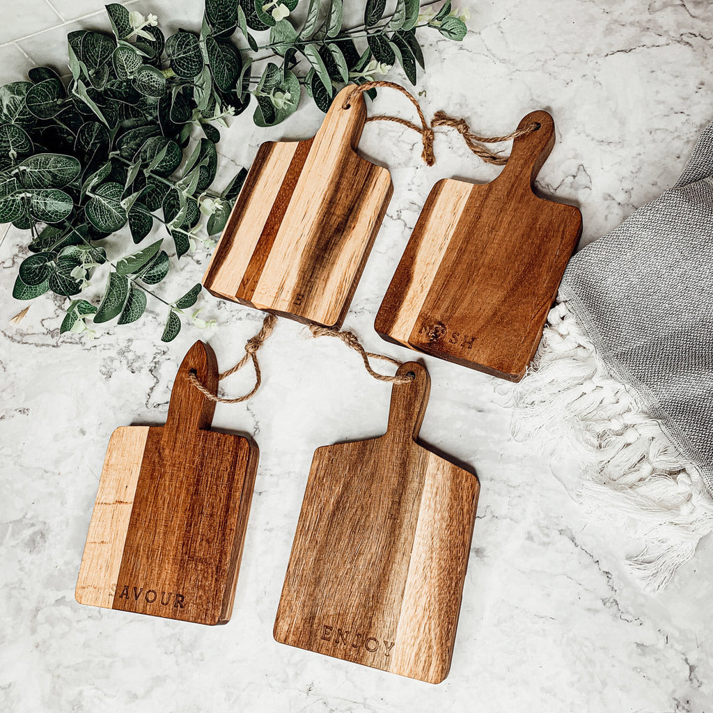 Acacia Wood Charcuterie Boards – Set of 4 | Enjoy, Nibble, Nosh & Savor