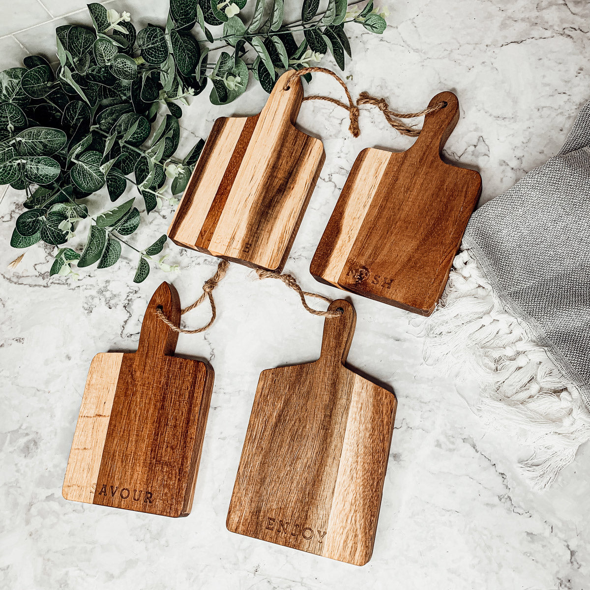 Acacia Wood Charcuterie Boards – Set of 4 | Enjoy, Nibble, Nosh & Savor