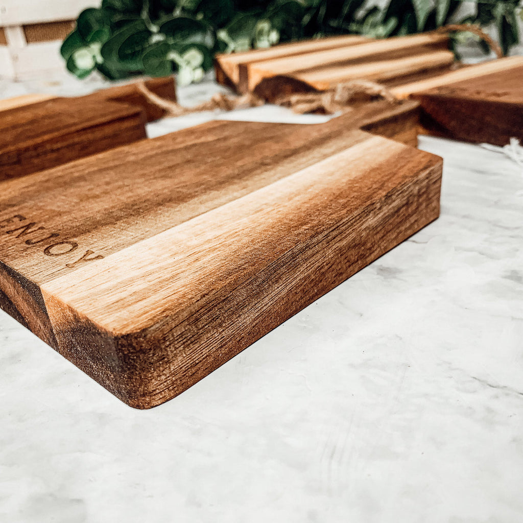 Acacia Wood Charcuterie Boards – Set of 4 | Enjoy, Nibble, Nosh & Savor
