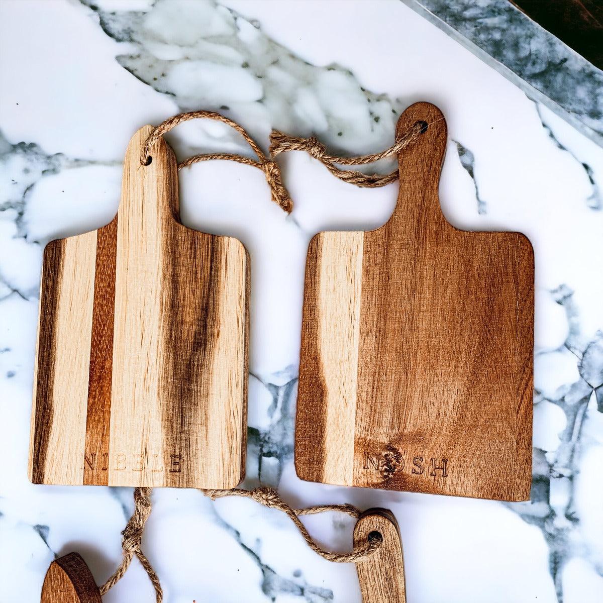 Acacia Wood Charcuterie Boards – Set of 4 | Enjoy, Nibble, Nosh & Savor