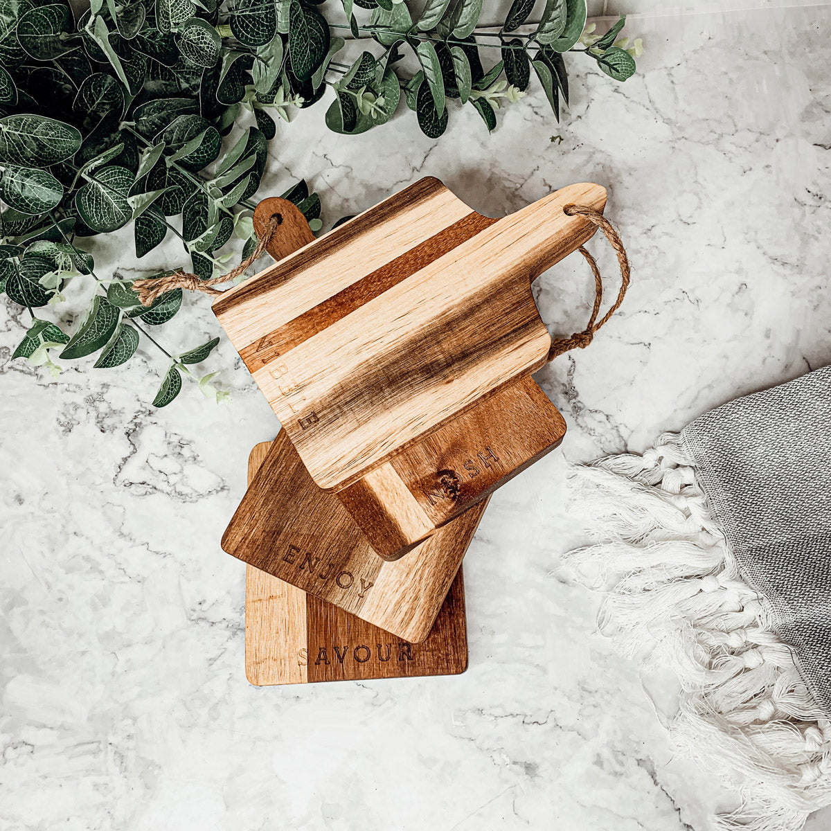 Acacia Wood Charcuterie Boards – Set of 4 | Enjoy, Nibble, Nosh & Savor
