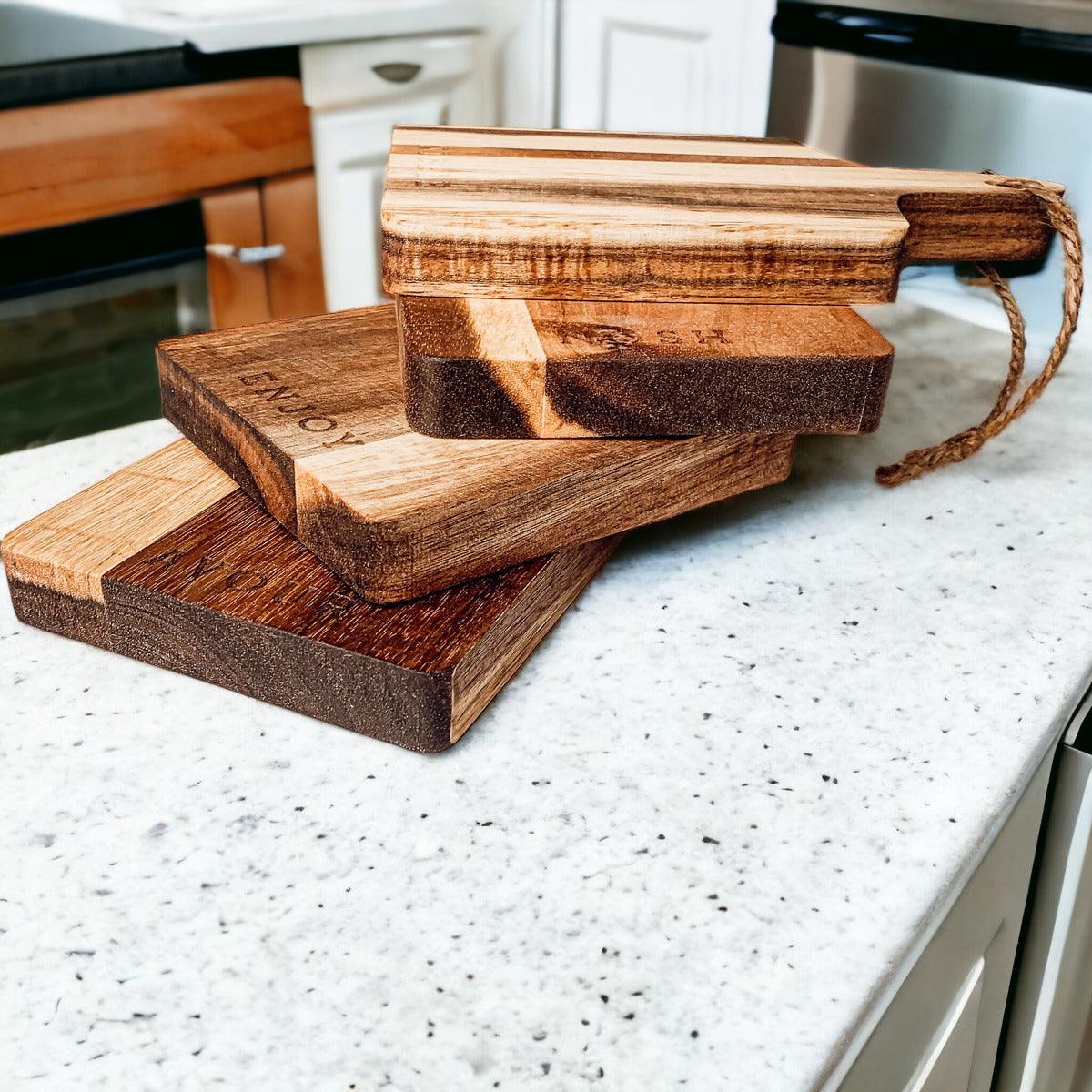 Acacia Wood Charcuterie Boards – Set of 4 | Enjoy, Nibble, Nosh & Savor