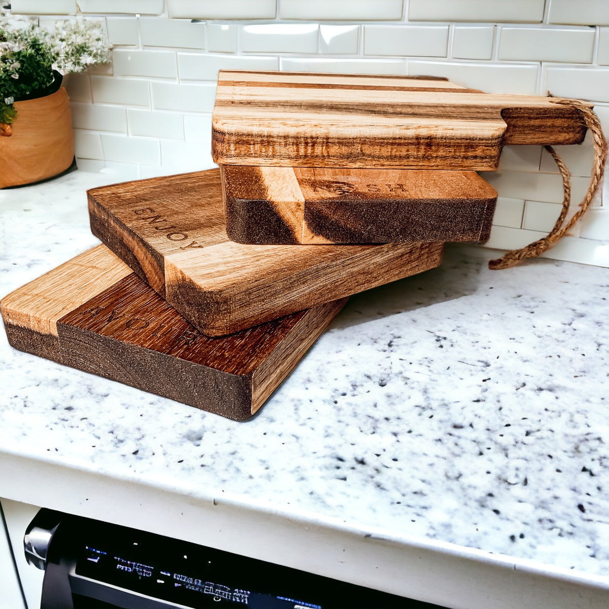 Acacia Wood Charcuterie Boards – Set of 4 | Enjoy, Nibble, Nosh & Savor