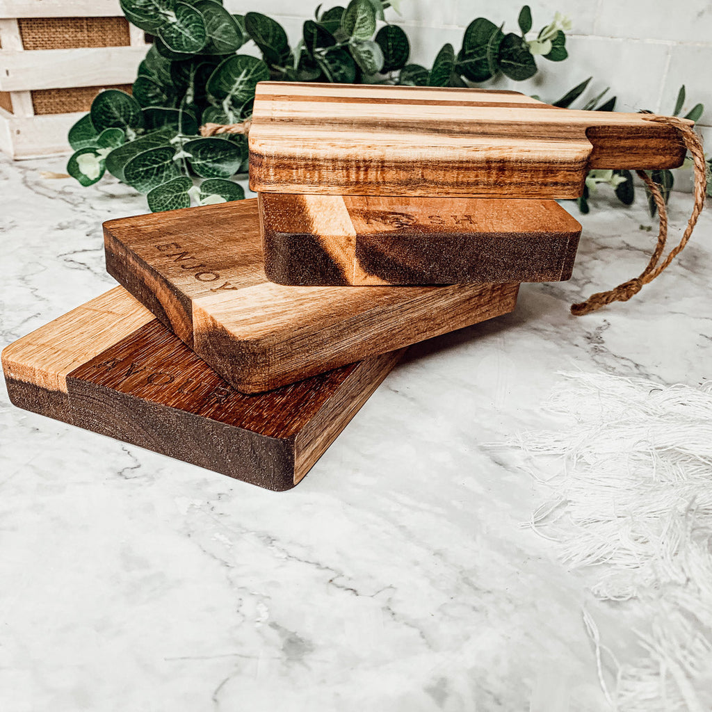 Acacia Wood Charcuterie Boards – Set of 4 | Enjoy, Nibble, Nosh & Savor