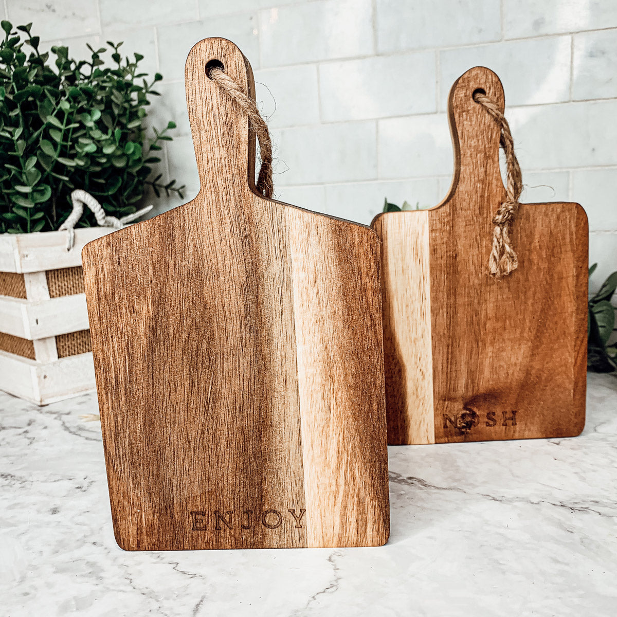 Acacia Wood Charcuterie Boards – Set of 4 | Enjoy, Nibble, Nosh & Savor