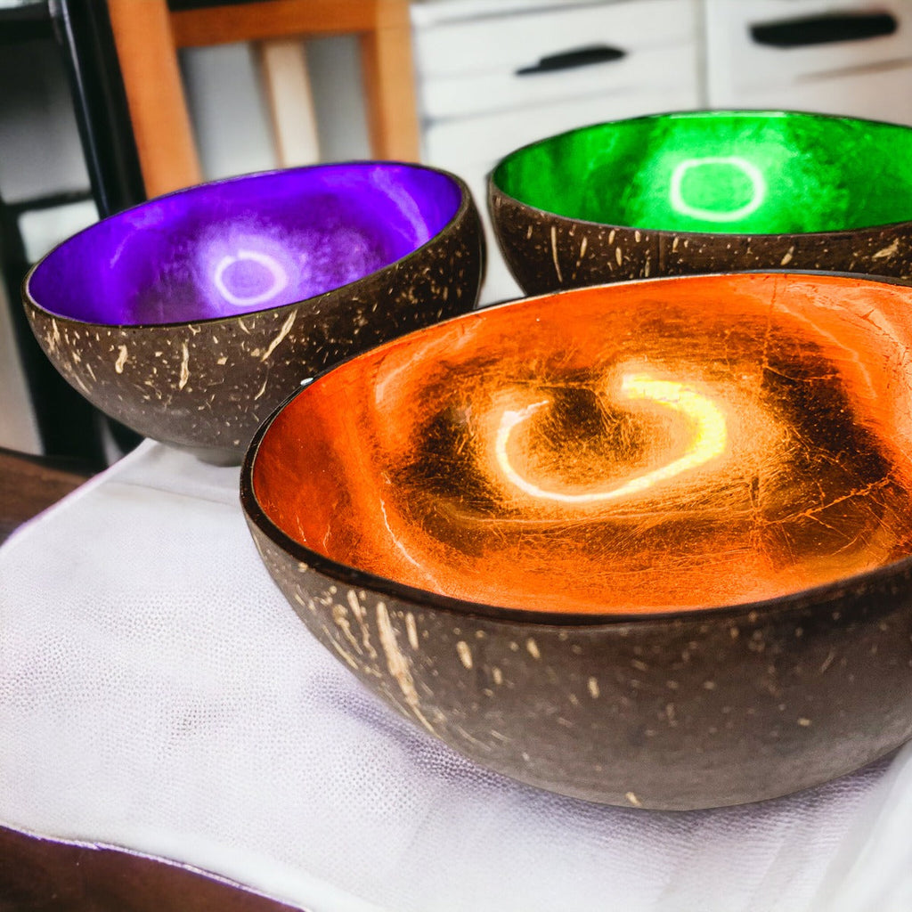 Lacquered Coconut Shell Bowls - Gold Leafed | 8 Colors | Single or 8-Pack