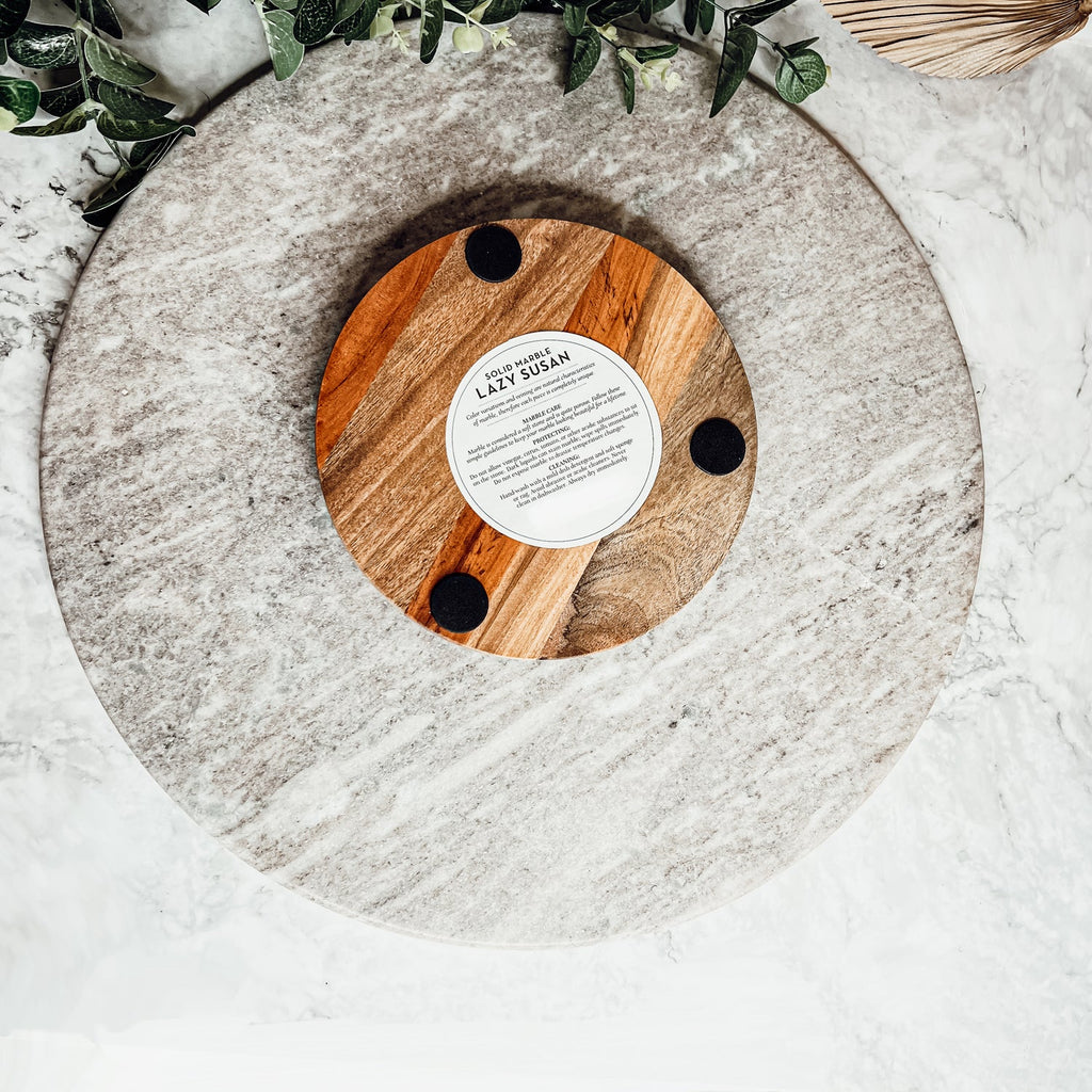 Marble Lazy Susan Charcuterie Board - 18" White Marble and Mango Wood | Ball-Bearing Swivel