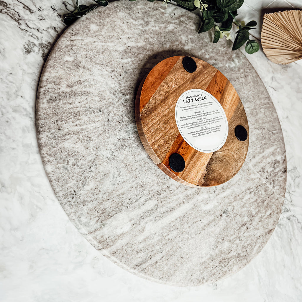 Marble Lazy Susan Charcuterie Board - 18" White Marble and Mango Wood | Ball-Bearing Swivel
