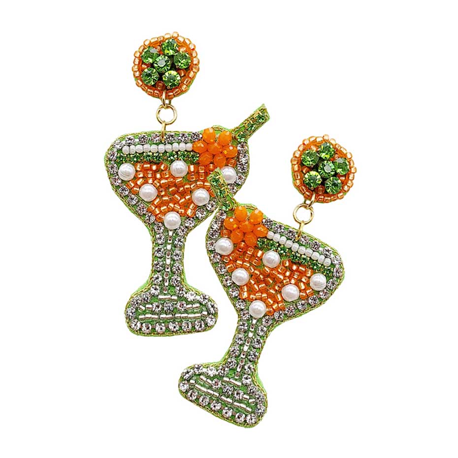 Martini Glass Beaded & Rhinestone Dangle Earrings
