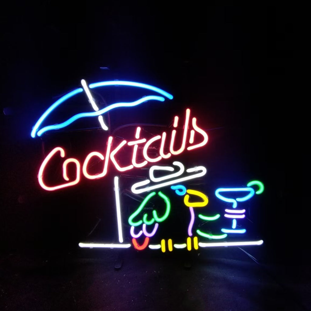 Parrot Under Umbrella Cocktails Neon Sign – Tropical Bar Decor
