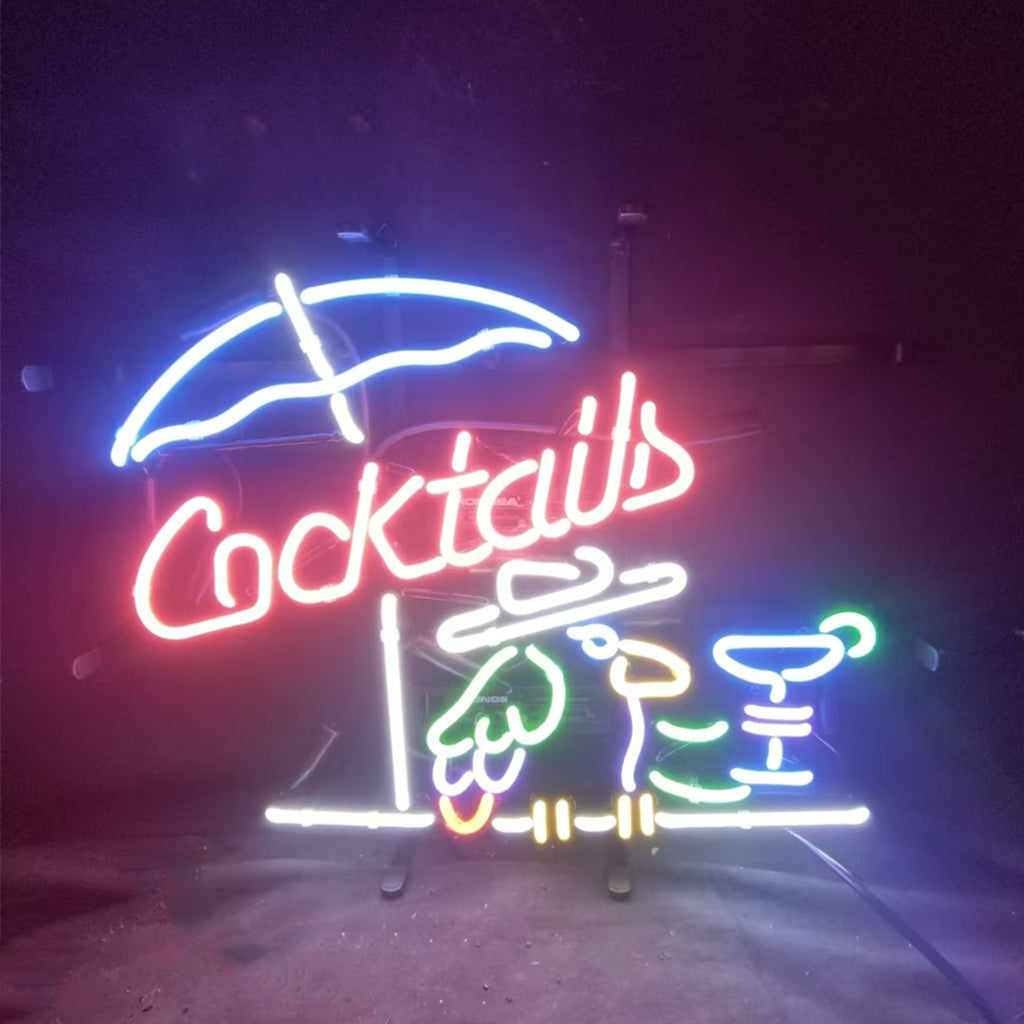 Parrot Under Umbrella Cocktails Neon Sign – Tropical Bar Decor
