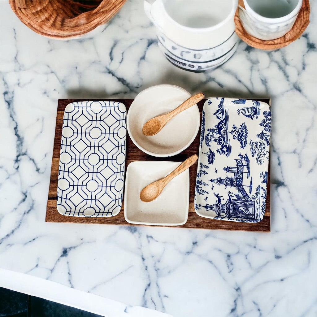 Chinoiserie Tapas Serving Set - 7-Piece Blue and White Porcelain with Acacia Wood Tray