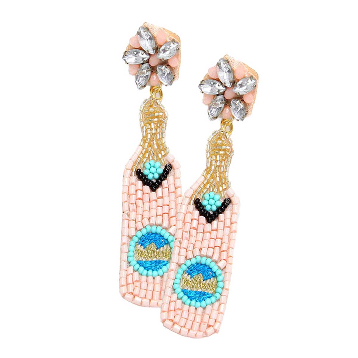 Beaded Champagne Dangle Earrings — Felt Back | Pink, Yellow, Red, White & Orange