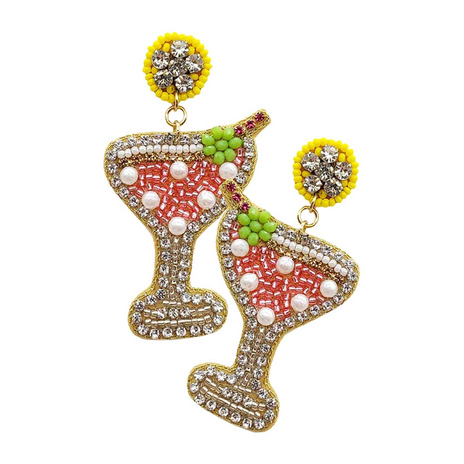 Martini Glass Beaded & Rhinestone Dangle Earrings