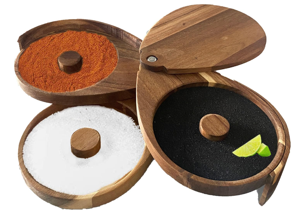3-Tier Bamboo Margarita Salt Rimmer - Cocktail Glass Rimmer with Salt, Sugar & Lime Compartments