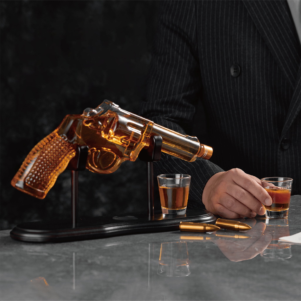 Gun Whiskey Decanter & Shot Glass Set - Lead-Free Borosilicate Glass | Gift Boxed