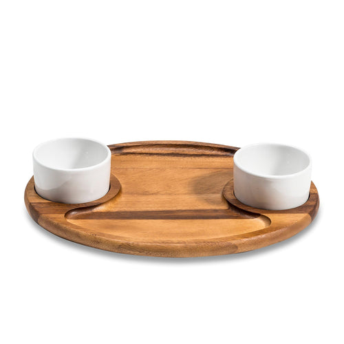 Acacia Charcuterie Serving Board with 2 Ceramic Bowls & Lids - 15" x 12"