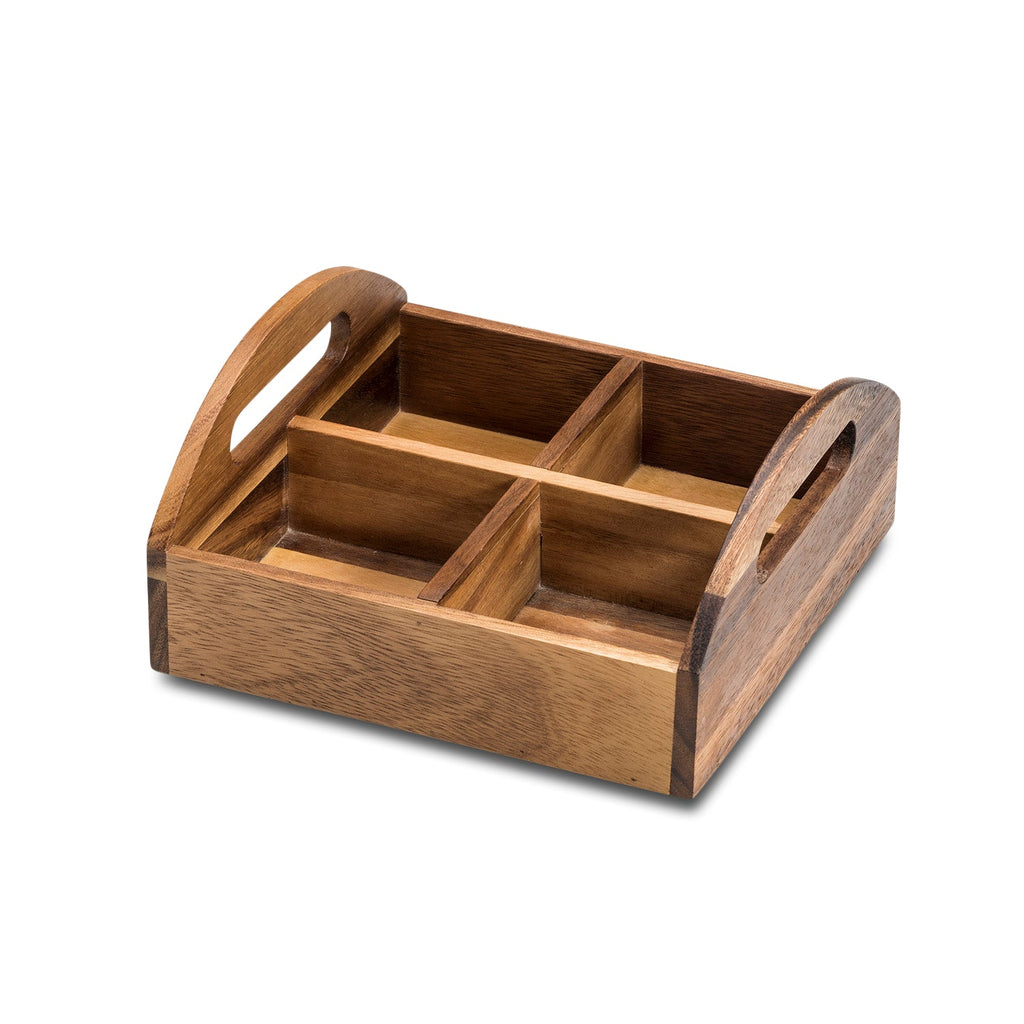 Acacia Wood 4-Compartment Snack & Entertaining Caddy with Handles - 8" x 8"