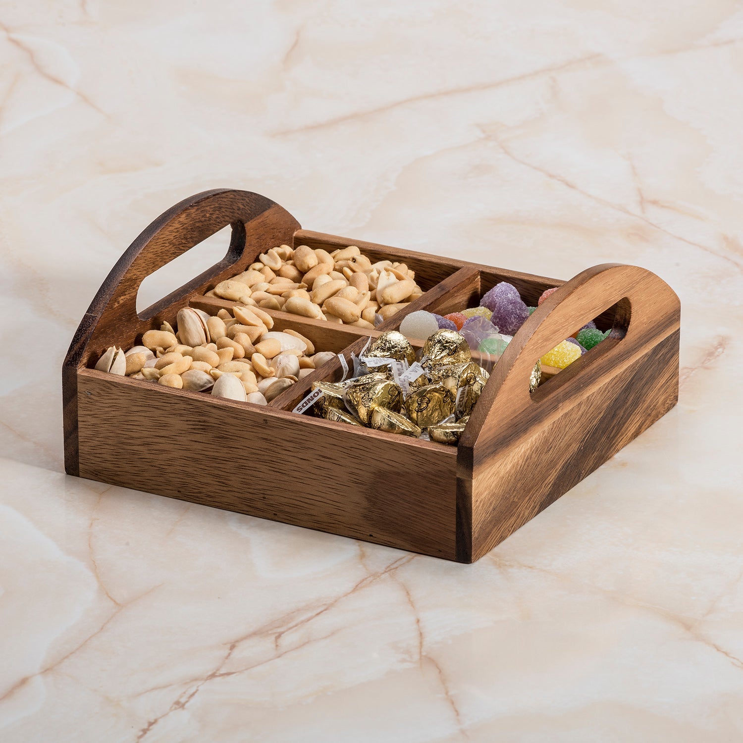 Acacia Wood 4-Compartment Snack & Entertaining Caddy with Handles - 8" x 8"