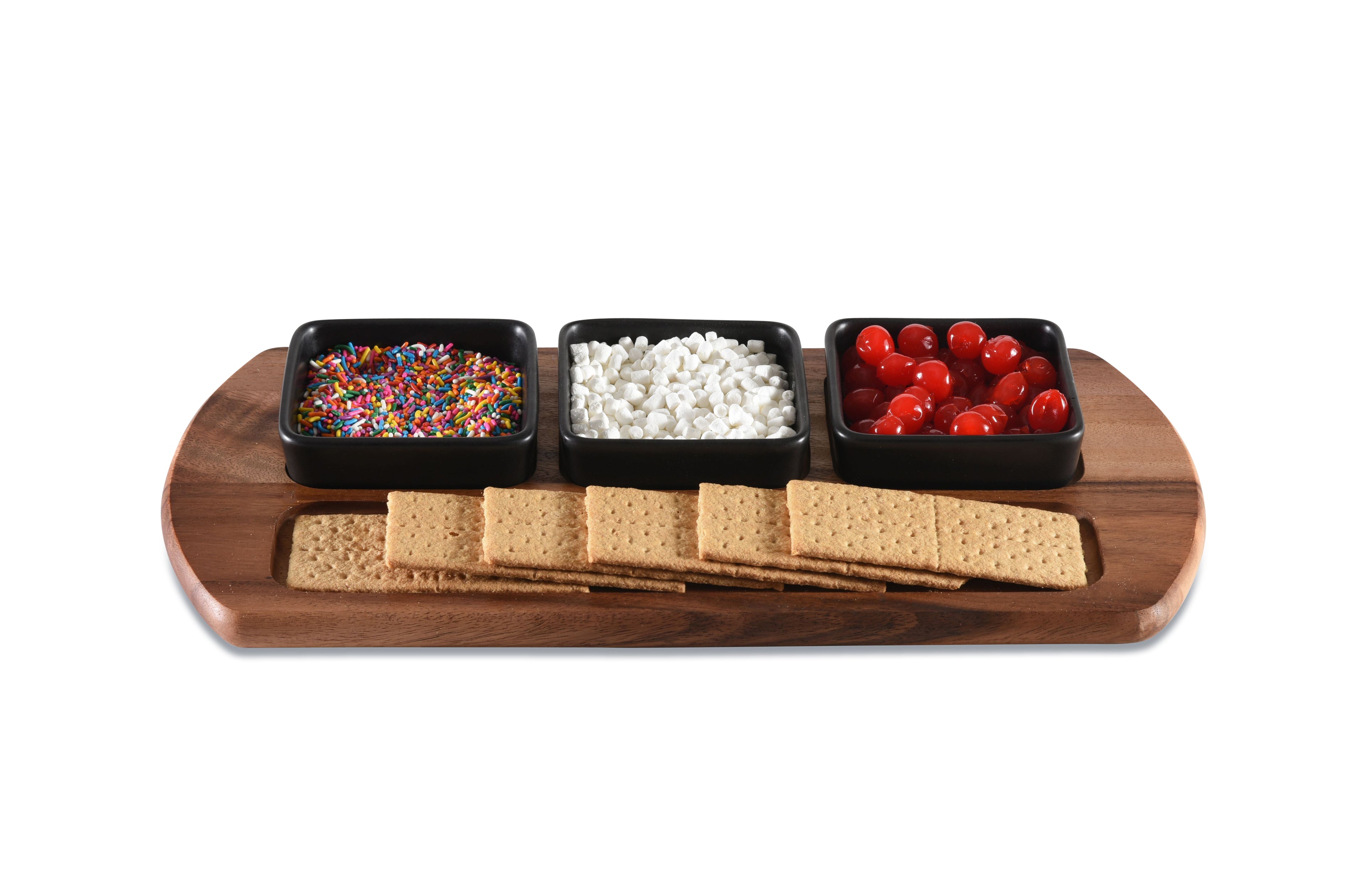 Acacia Wood Charcuterie Board with 3 Black Ceramic Bowls - 18" x 9"